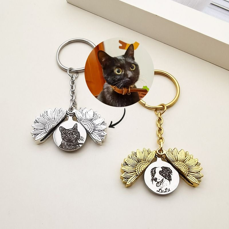 Pet Flower Keychain Memorial Gift β Dog Portrait Locket β Custom Cat Photo Keychain β Personalized Engraved Gift for Pet Lovers