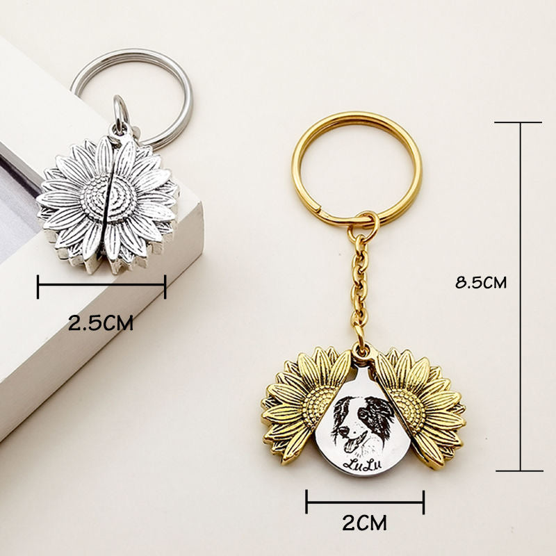 Pet Flower Keychain Memorial Gift β Dog Portrait Locket β Custom Cat Photo Keychain β Personalized Engraved Gift for Pet Lovers