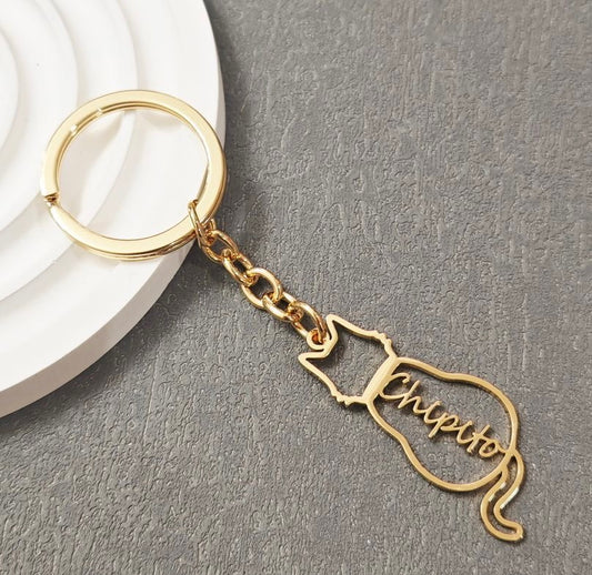 Custom Cat Name Keychain – Personalized Stainless Steel Pet Keyring, Outline Silhouette Design, Pet Memorial Gift, Silver/Gold