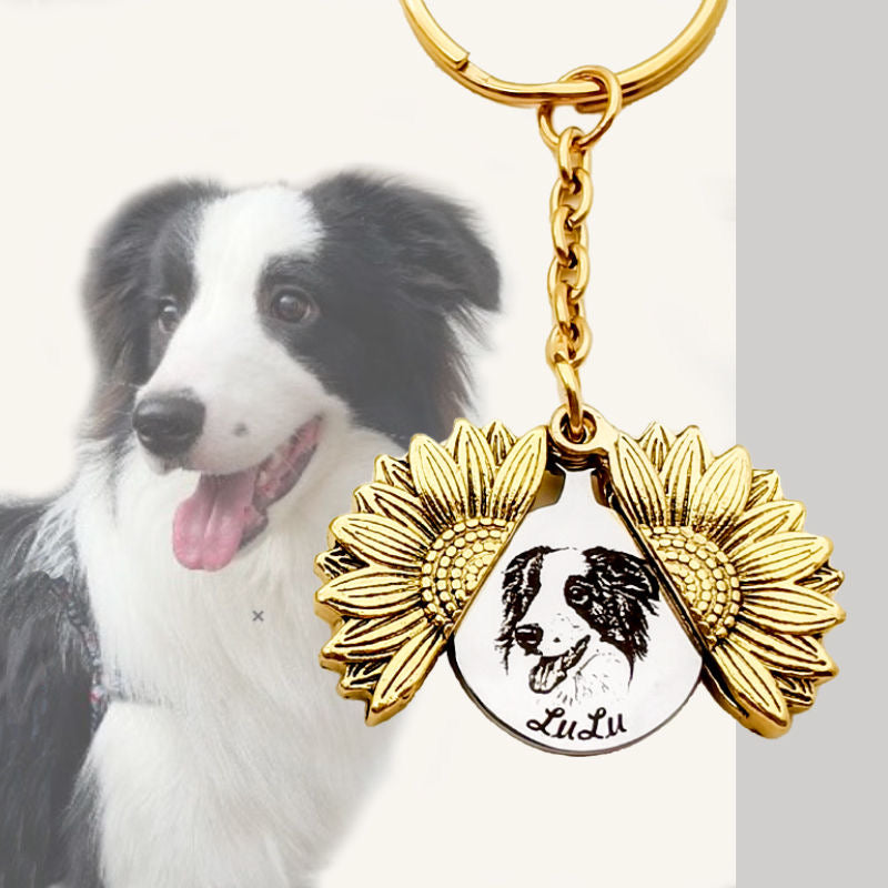 Pet Flower Keychain Memorial Gift – Dog Portrait Locket – Custom Cat Photo Keychain – Personalized Engraved Gift for Pet Lovers
