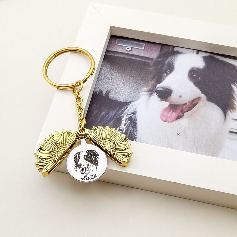 Pet Flower Keychain Memorial Gift – Dog Portrait Locket – Custom Cat Photo Keychain – Personalized Engraved Gift for Pet Lovers