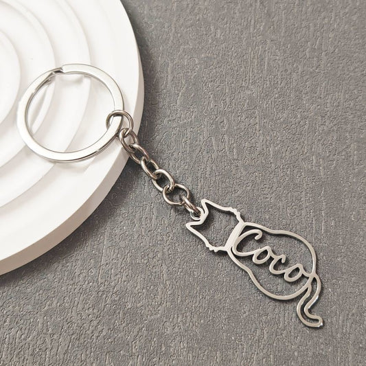 Custom Cat Name Keychain – Personalized Stainless Steel Pet Keyring, Outline Silhouette Design, Pet Memorial Gift, Silver/Gold