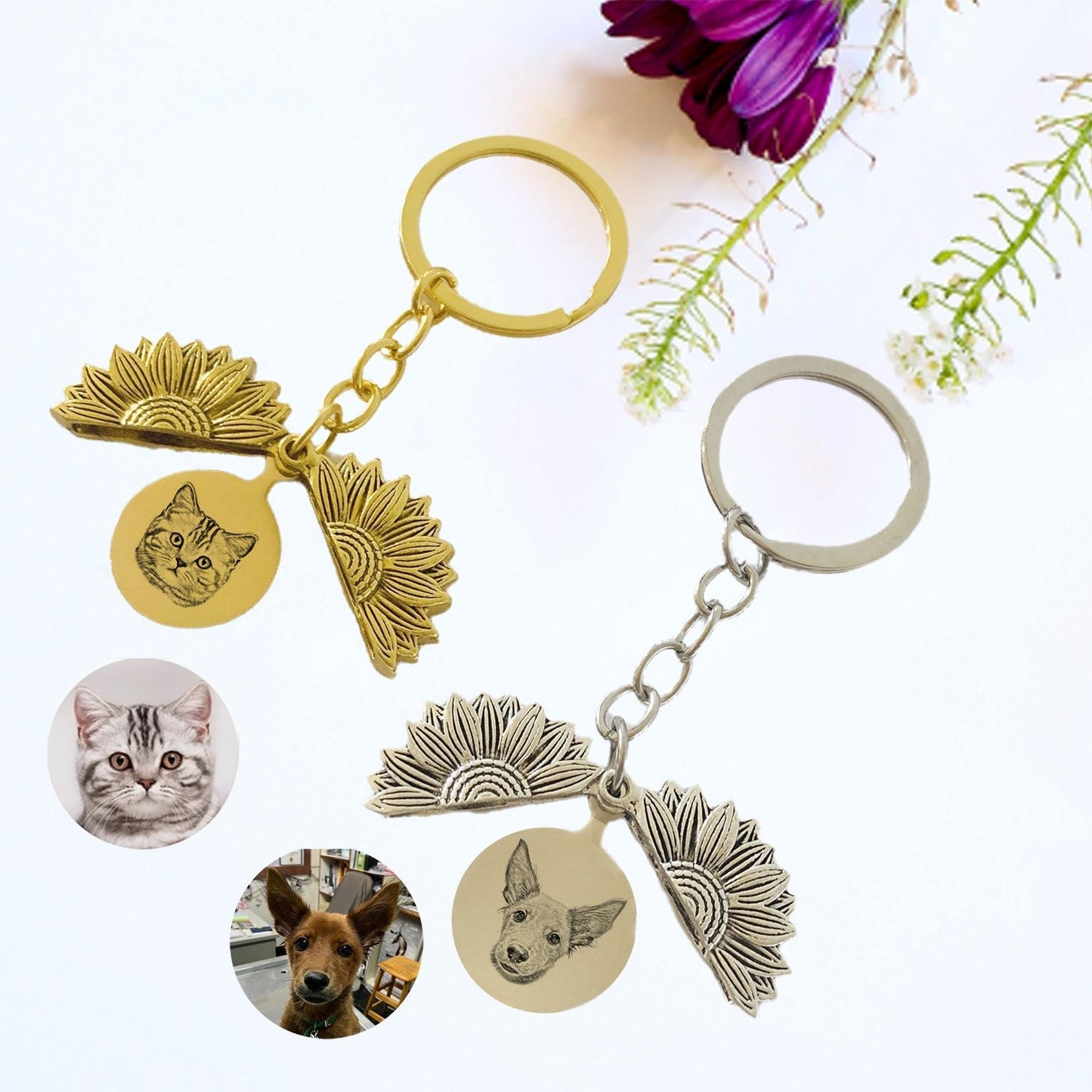 Pet Flower Keychain Memorial Gift – Dog Portrait Locket – Custom Cat Photo Keychain – Personalized Engraved Gift for Pet Lovers